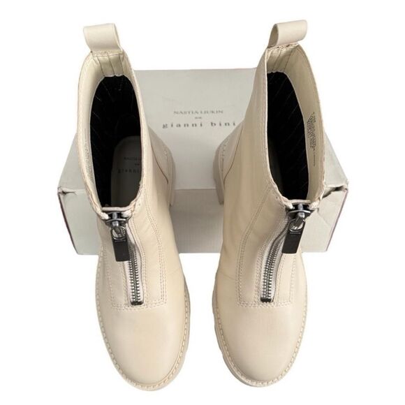 Gianni Bini X Nastia Liukin Bowery Leather Zip Lug Sole Boots Chunky Sole Cream - Picture 5 of 15